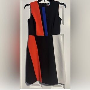 Vince Asymmetrical Dress in Black, Orange, Blue, and White